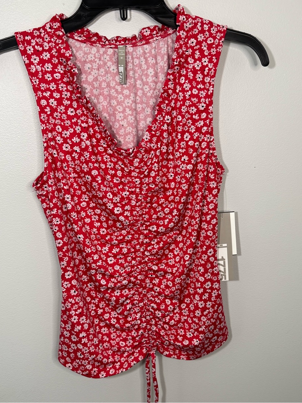 Women's Red Floral Sleeveless Ruched Drape Blouse